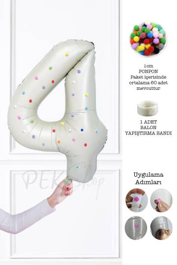 Rengarenk Ponpon Süslemeli Retro Krem Yaş Balonu 80cm - 5