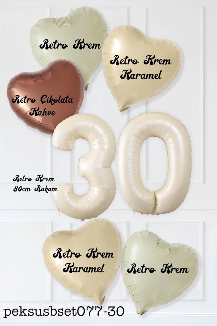 Retro 30 Yaş Doğum Günü Parti Balon Seti Krem Karamel Bej Çikolata Kahve Retro Kalp Balonlu 30 Yaş Parti Balon Seti - 2