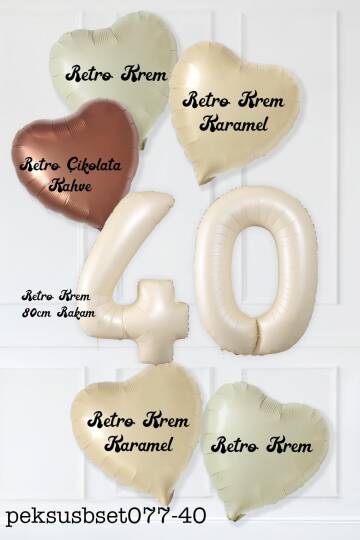 Retro 40 Yaş Doğum Günü Parti Balon Seti Krem Karamel Bej Çikolata Kahve Retro Kalp Balonlu 40 Yaş Parti Balon Seti - 2