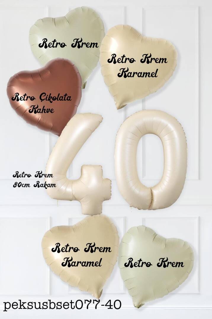 Retro 40 Yaş Doğum Günü Parti Balon Seti Krem Karamel Bej Çikolata Kahve Retro Kalp Balonlu 40 Yaş Parti Balon Seti - 2