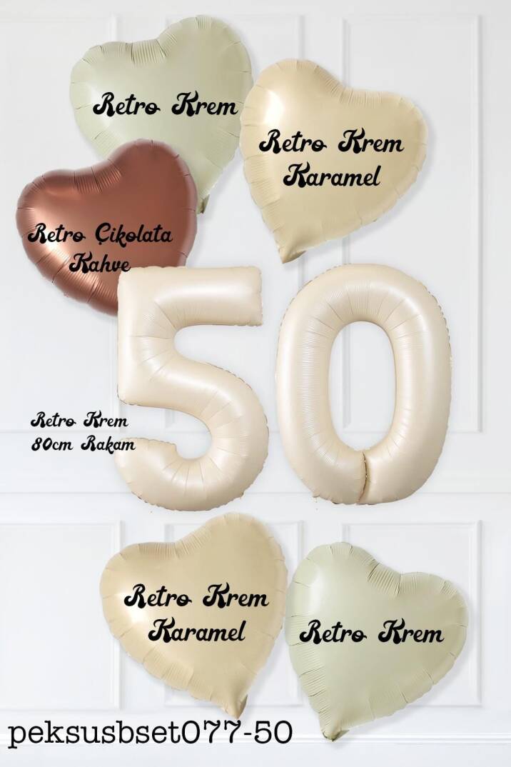 Retro 50 Yaş Doğum Günü Parti Balon Seti Krem Karamel Bej Çikolata Kahve Retro Kalp Balonlu 50 Yaş Parti Balon Seti - 2