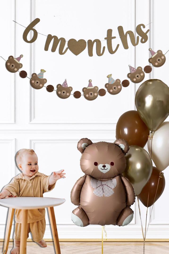 Retro Ayı 6 Aylık , Yarım Yaş Partisi Süsleme Seti Retro Ayı Balon 6 Months Bannerlı Balon Seti - 1