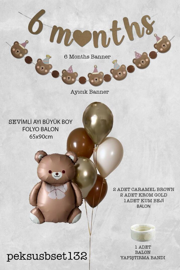 Retro Ayı 6 Aylık , Yarım Yaş Partisi Süsleme Seti Retro Ayı Balon 6 Months Bannerlı Balon Seti - 2
