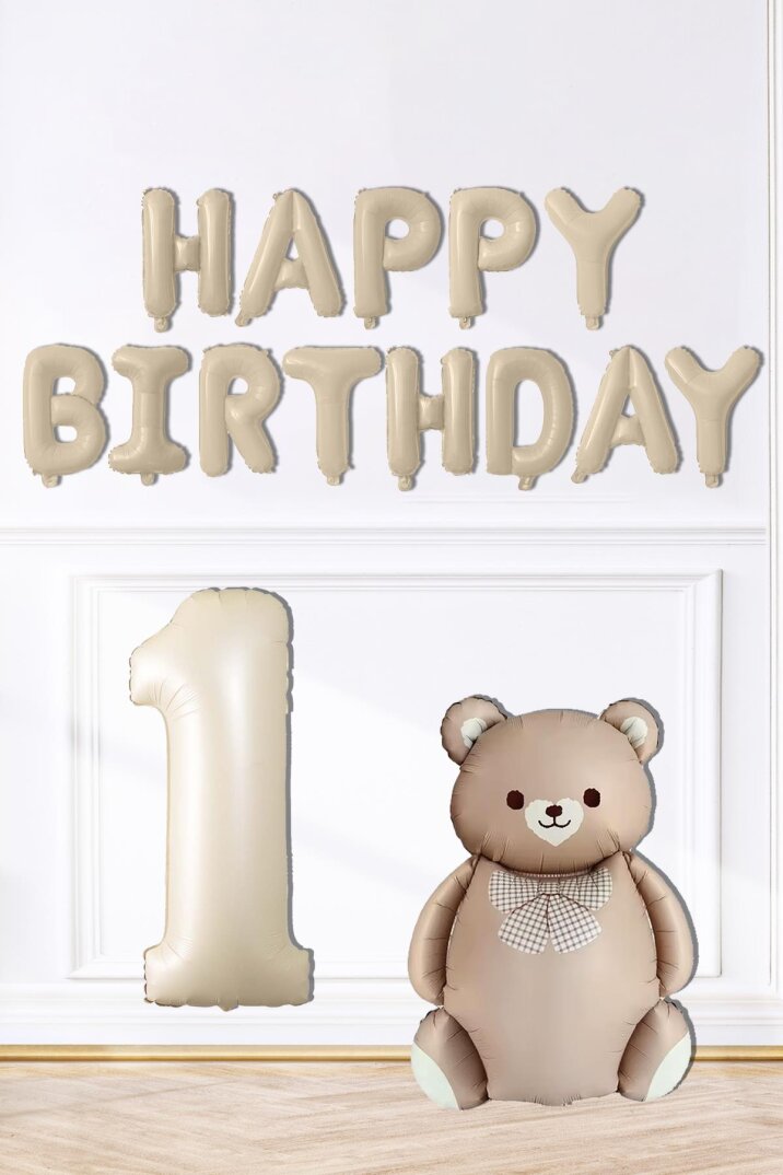 Retro Ayı Happy Birthday ve Krem Yaş Balonlu Retro Doğum Günü Balon Süsleme Seti - 1