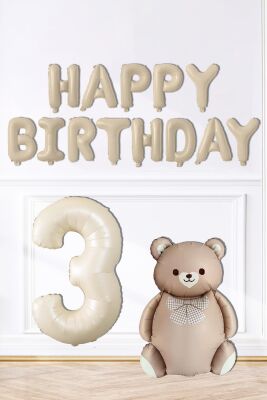 Retro Ayı Happy Birthday ve Krem Yaş Balonlu Retro Doğum Günü Balon Süsleme Seti - 5