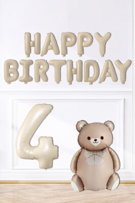 Retro Ayı Happy Birthday ve Krem Yaş Balonlu Retro Doğum Günü Balon Süsleme Seti - 6