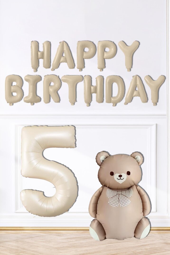 Retro Ayı Happy Birthday ve Krem Yaş Balonlu Retro Doğum Günü Balon Süsleme Seti - 7