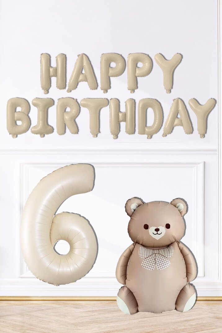 Retro Ayı Happy Birthday ve Krem Yaş Balonlu Retro Doğum Günü Balon Süsleme Seti - 8