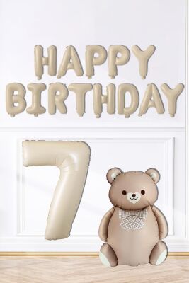 Retro Ayı Happy Birthday ve Krem Yaş Balonlu Retro Doğum Günü Balon Süsleme Seti - 9