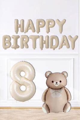 Retro Ayı Happy Birthday ve Krem Yaş Balonlu Retro Doğum Günü Balon Süsleme Seti - 10