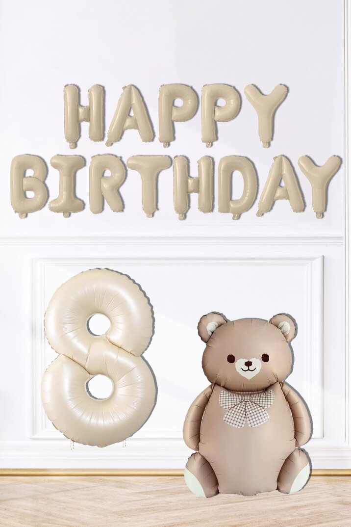 Retro Ayı Happy Birthday ve Krem Yaş Balonlu Retro Doğum Günü Balon Süsleme Seti - 10