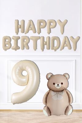 Retro Ayı Happy Birthday ve Krem Yaş Balonlu Retro Doğum Günü Balon Süsleme Seti - 11