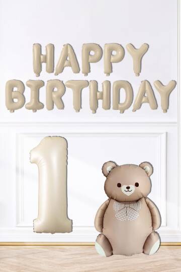 Retro Ayı Happy Birthday ve Krem Yaş Balonlu Retro Doğum Günü Balon Süsleme Seti - 1