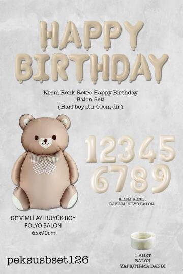 Retro Ayı Happy Birthday ve Krem Yaş Balonlu Retro Doğum Günü Balon Süsleme Seti - 2