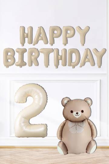Retro Ayı Happy Birthday ve Krem Yaş Balonlu Retro Doğum Günü Balon Süsleme Seti - 3
