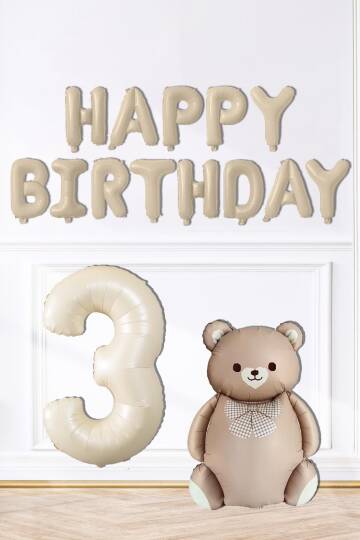 Retro Ayı Happy Birthday ve Krem Yaş Balonlu Retro Doğum Günü Balon Süsleme Seti - 4
