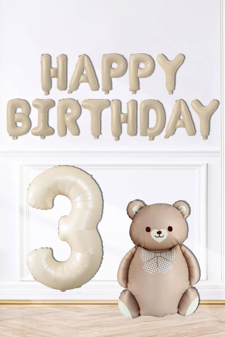 Retro Ayı Happy Birthday ve Krem Yaş Balonlu Retro Doğum Günü Balon Süsleme Seti - 4