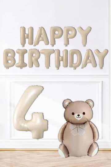Retro Ayı Happy Birthday ve Krem Yaş Balonlu Retro Doğum Günü Balon Süsleme Seti - 5