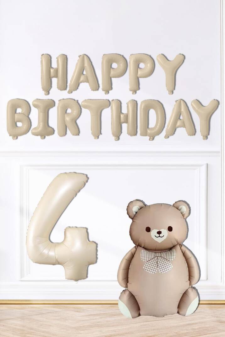 Retro Ayı Happy Birthday ve Krem Yaş Balonlu Retro Doğum Günü Balon Süsleme Seti - 5