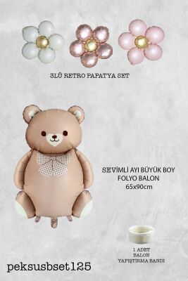 Retro Ayı ve 3 Retro Papatya Folyo Balon Seti - 2