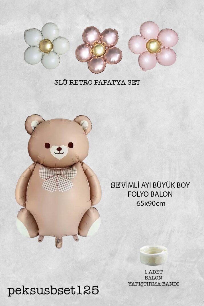 Retro Ayı ve 3 Retro Papatya Folyo Balon Seti - 2