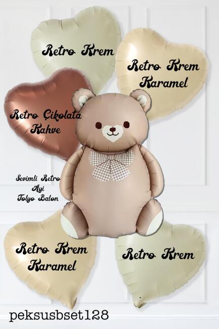 Retro Ayı ve 5 Retro Krem Karamel Çikolata Kahve Kalp Folyo Balon Seti - 2