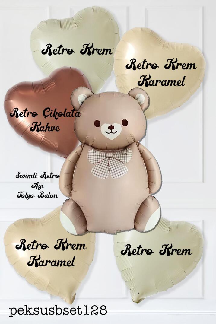 Retro Ayı ve 5 Retro Krem Karamel Çikolata Kahve Kalp Folyo Balon Seti - 2