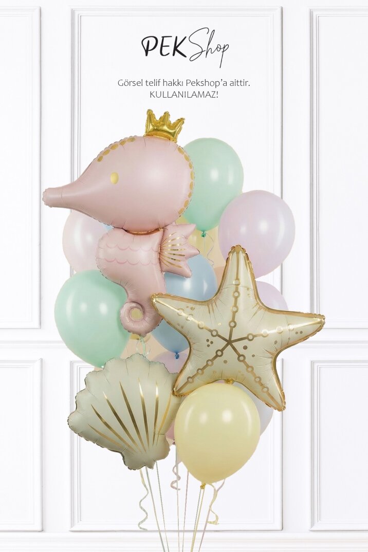 Retro Deniz Atı , Deniz Yıldızı ve İstiridye Folyo Balonlu Balon Seti Set247 - 1