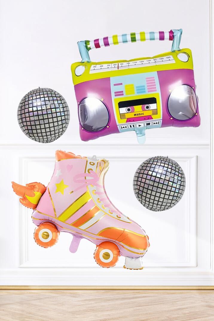 Retro Disko Tema Doğum Günü Balon Seti Retro Paten , Radyo ve Disko Topu Doğum Günü Balon Seti - 1