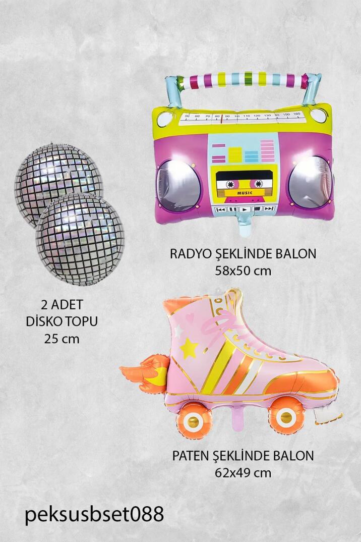 Retro Disko Tema Doğum Günü Balon Seti Retro Paten , Radyo ve Disko Topu Doğum Günü Balon Seti - 2