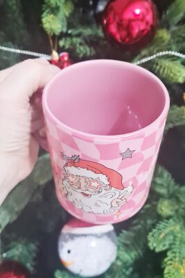 Retro Groovy Santa Tasarım Yılbaşı Hediyesi Pembe Kupa Bardak - 2