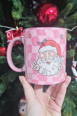 Retro Groovy Santa Tasarım Yılbaşı Hediyesi Pembe Kupa Bardak - 3