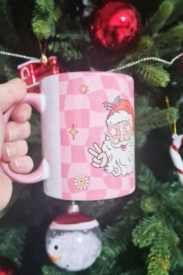 Retro Groovy Santa Tasarım Yılbaşı Hediyesi Pembe Kupa Bardak - 4