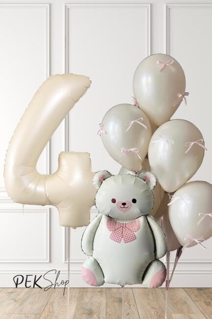 Retro Krem Ayılı Fiyonk Kurdeleli Deniz Kumu Balonlu Doğum Günü Balon Seti - 7