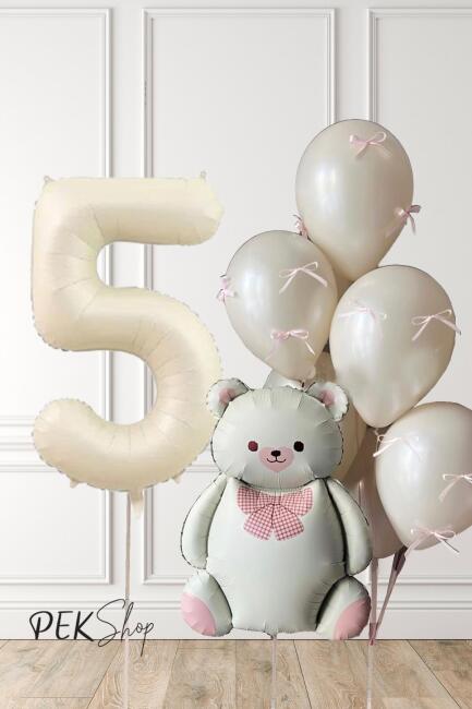 Retro Krem Ayılı Fiyonk Kurdeleli Deniz Kumu Balonlu Doğum Günü Balon Seti - 9