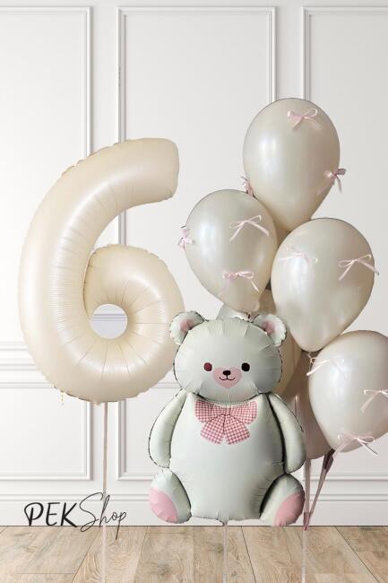 Retro Krem Ayılı Fiyonk Kurdeleli Deniz Kumu Balonlu Doğum Günü Balon Seti - 11