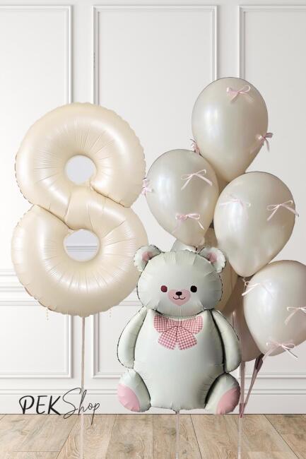 Retro Krem Ayılı Fiyonk Kurdeleli Deniz Kumu Balonlu Doğum Günü Balon Seti - 15