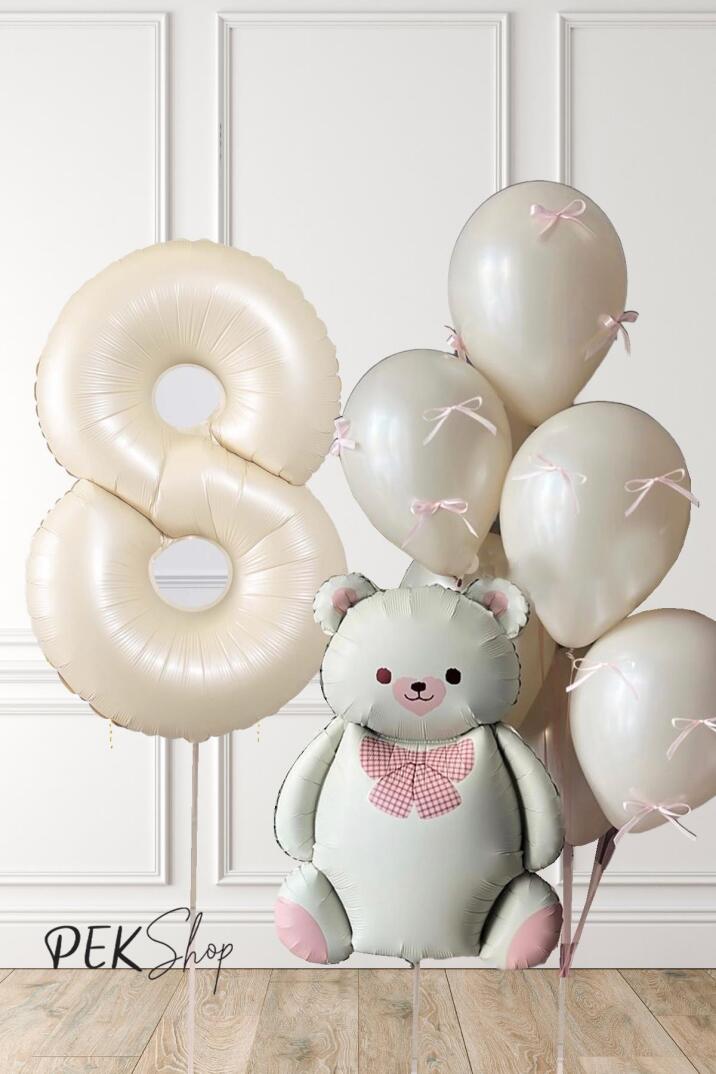 Retro Krem Ayılı Fiyonk Kurdeleli Deniz Kumu Balonlu Doğum Günü Balon Seti - 15
