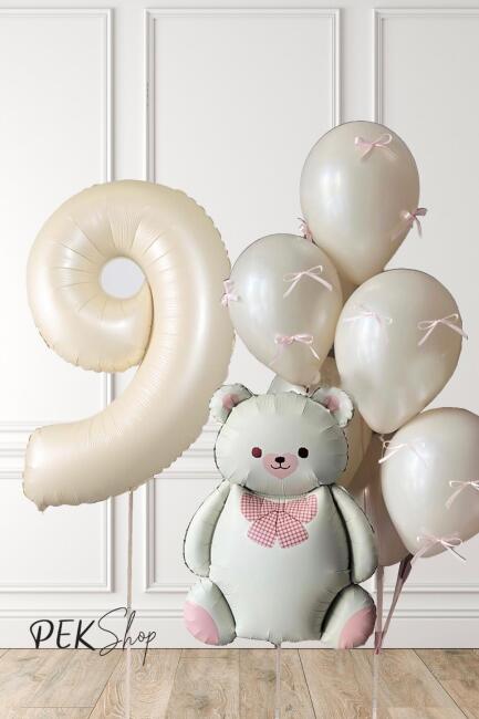 Retro Krem Ayılı Fiyonk Kurdeleli Deniz Kumu Balonlu Doğum Günü Balon Seti - 17