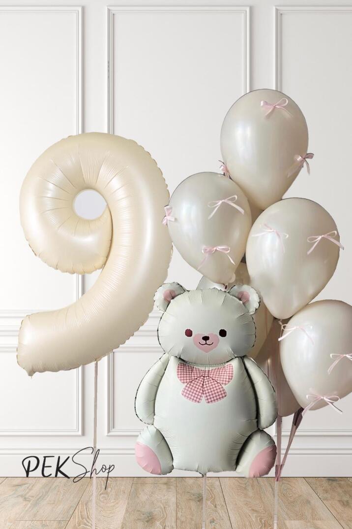 Retro Krem Ayılı Fiyonk Kurdeleli Deniz Kumu Balonlu Doğum Günü Balon Seti - 17