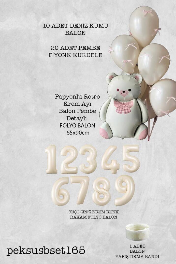 Retro Krem Ayılı Fiyonk Kurdeleli Deniz Kumu Balonlu Doğum Günü Balon Seti - 2