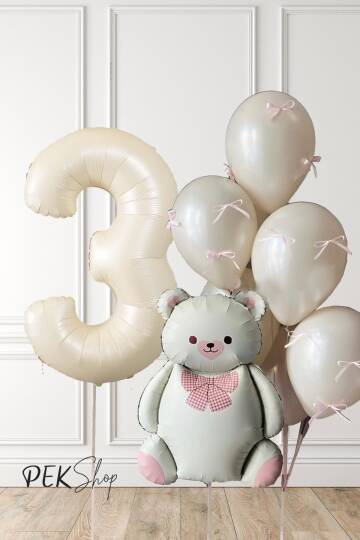 Retro Krem Ayılı Fiyonk Kurdeleli Deniz Kumu Balonlu Doğum Günü Balon Seti - 4