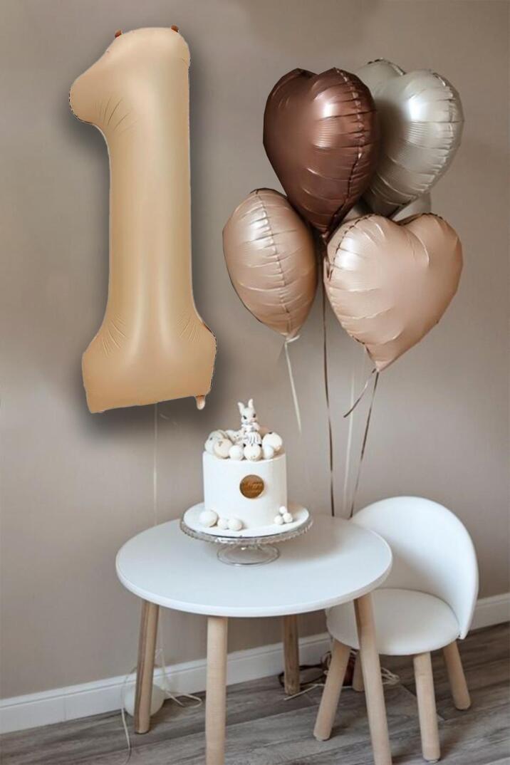 Retro Krem Karamel Kahve Kalpli Yaş Rakam Balon Seti Retro Doğum Günü Yaş Balon Seti - 1