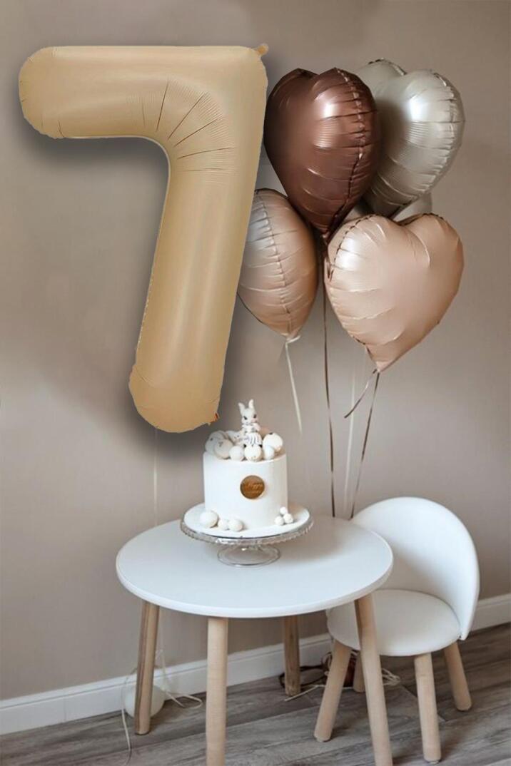 Retro Krem Karamel Kahve Kalpli Yaş Rakam Balon Seti Retro Doğum Günü Yaş Balon Seti - 7