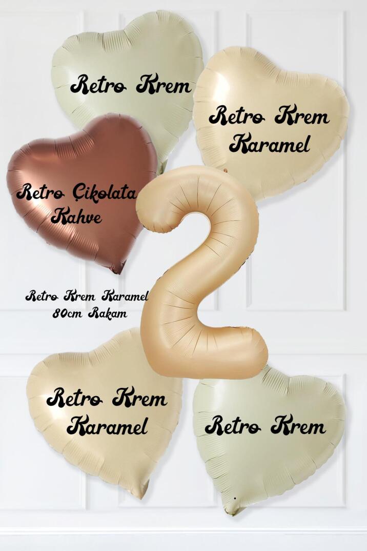 Retro Krem Karamel Kahve Kalpli Yaş Rakam Balon Seti Retro Doğum Günü Yaş Balon Seti - 12