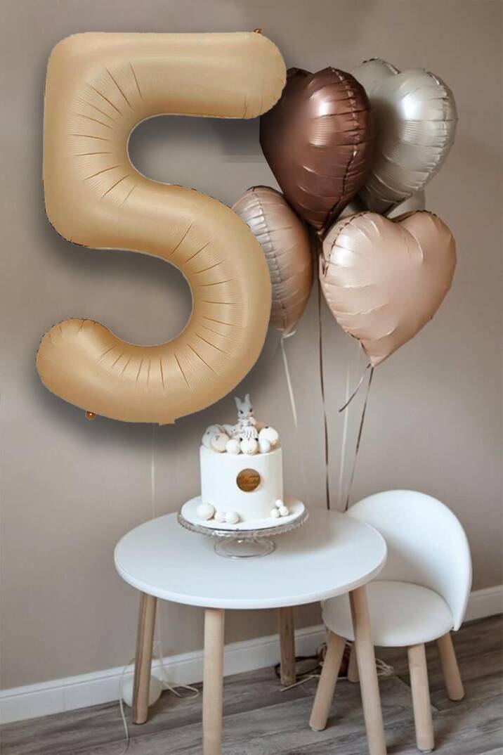 Retro Krem Karamel Kahve Kalpli Yaş Rakam Balon Seti Retro Doğum Günü Yaş Balon Seti - 5