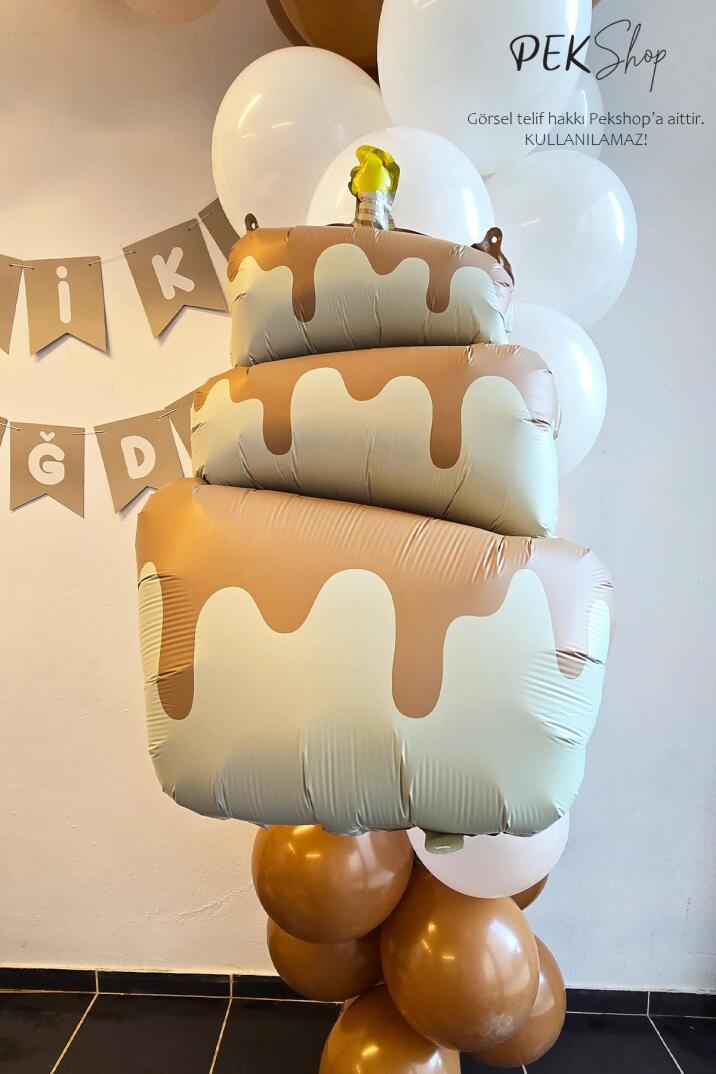 Retro Krem Pasta Folyo Balon Retro Mumlu 3 Katlı Pasta Balon - 2