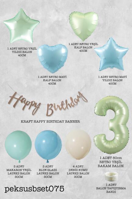Retro Mavi Yeşil Renkler Doğum Günü Parti Seti Retro Yeşil Yaş Balonlu Kraft Banner Balon Zinciri Seti - 6