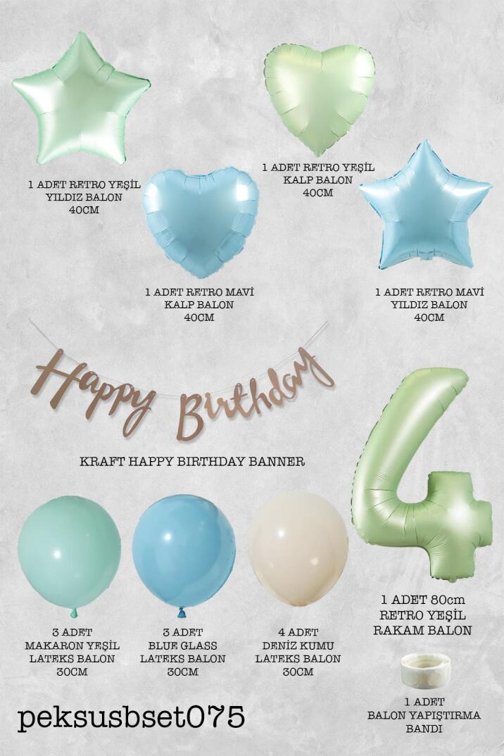 Retro Mavi Yeşil Renkler Doğum Günü Parti Seti Retro Yeşil Yaş Balonlu Kraft Banner Balon Zinciri Seti - 8