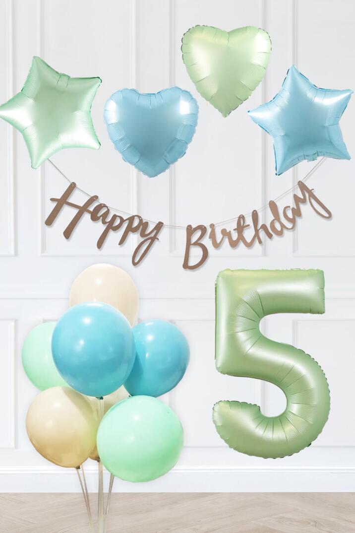 Retro Mavi Yeşil Renkler Doğum Günü Parti Seti Retro Yeşil Yaş Balonlu Kraft Banner Balon Zinciri Seti - 9